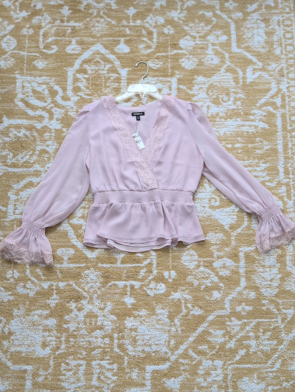 NWT Express Blush Pink Lace-Trim Surplice Peplum Blouse